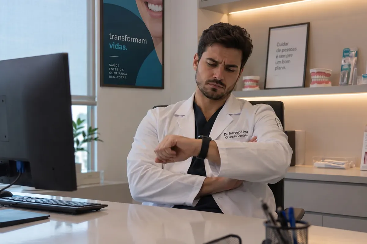 Dentista sentado no consultório olhando o relógio, esperando um paciente que não chegou