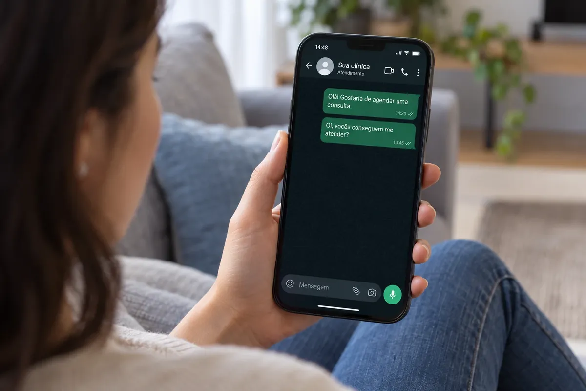 Paciente no sofá olhando o celular: mensagem às 14h30, cobrança às 14h45 e nenhuma resposta da clínica