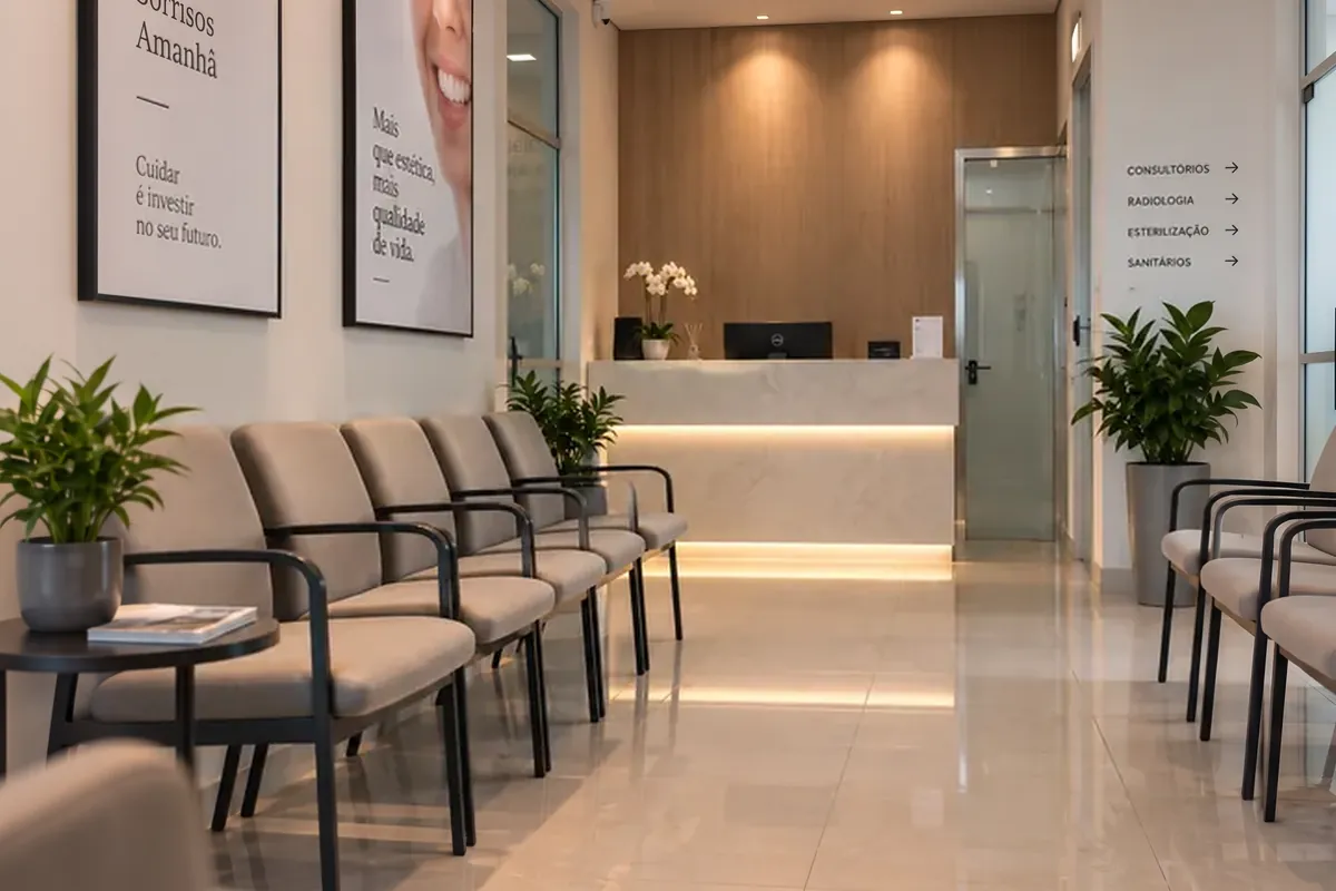 Recepção da clínica com todas as cadeiras vazias