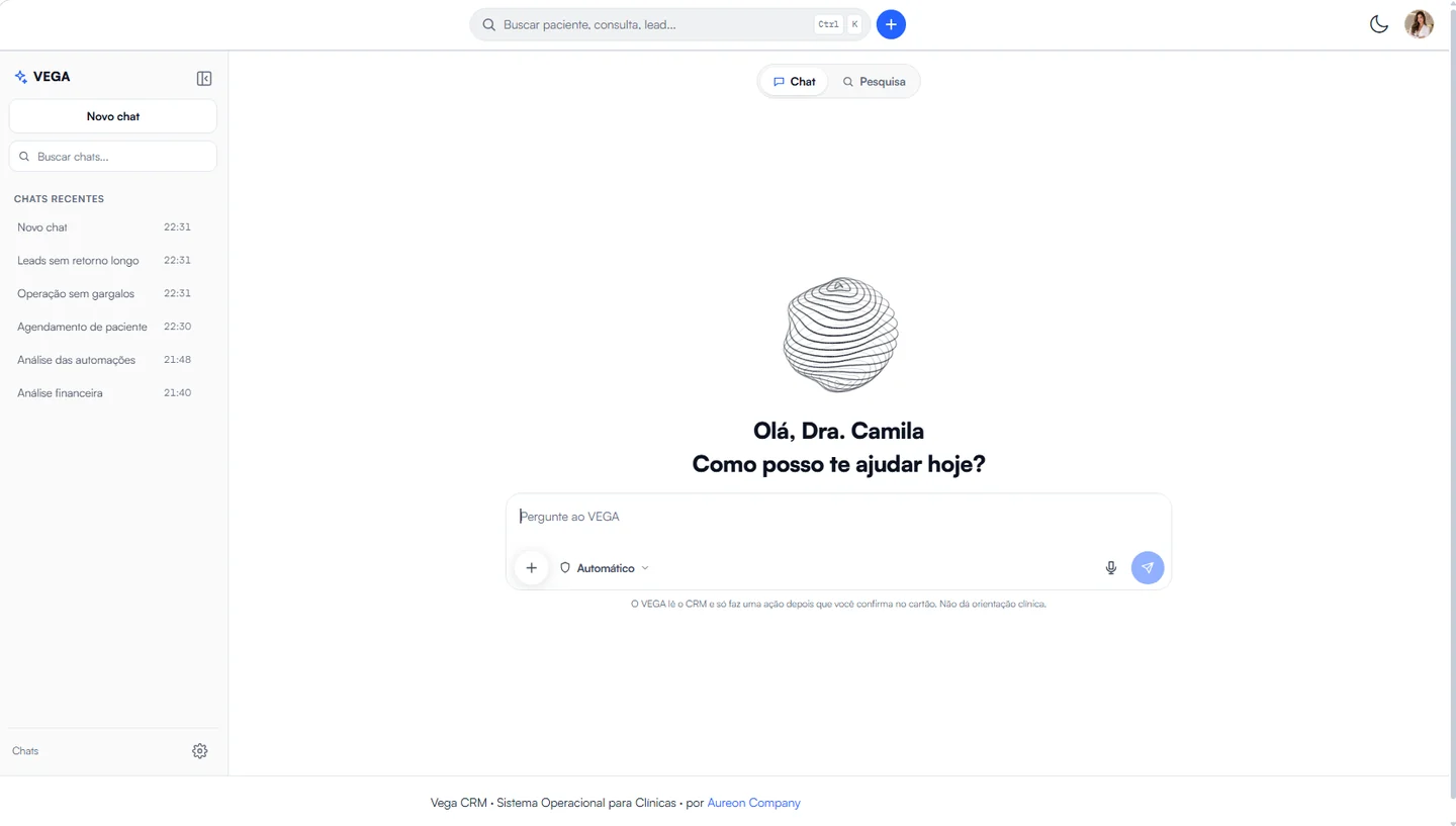 Tela do Vega AI, o assistente que responde sobre a clínica e gera relatórios